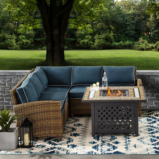 Bradenton 4Pc Outdoor Wicker Sectional Set W/Fire Table Weathered Brown/Navy - Right Corner Loveseat, Left Corner Loveseat, Corner Chair, & Tucson Fire Table