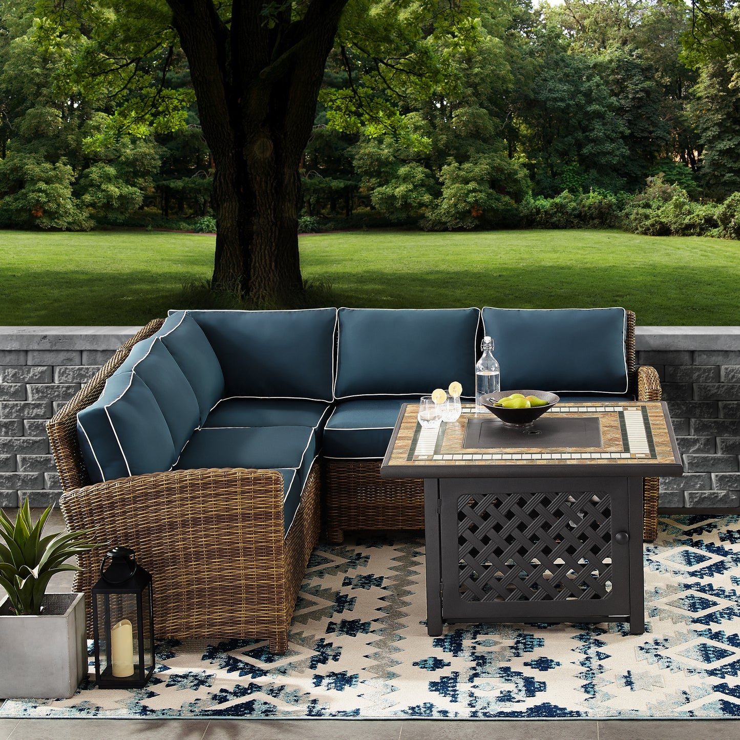 Bradenton 4Pc Outdoor Wicker Sectional Set W/Fire Table Weathered Brown/Navy - Right Corner Loveseat, Left Corner Loveseat, Corner Chair, & Tucson Fire Table