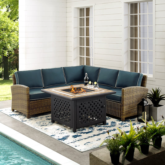 Bradenton 4Pc Outdoor Wicker Sectional Set W/Fire Table Weathered Brown/Navy - Right Corner Loveseat, Left Corner Loveseat, Corner Chair, & Tucson Fire Table