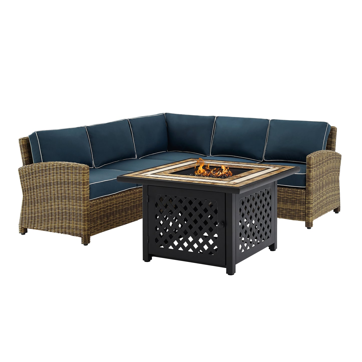 Bradenton 4Pc Outdoor Wicker Sectional Set W/Fire Table Weathered Brown/Navy - Right Corner Loveseat, Left Corner Loveseat, Corner Chair, & Tucson Fire Table