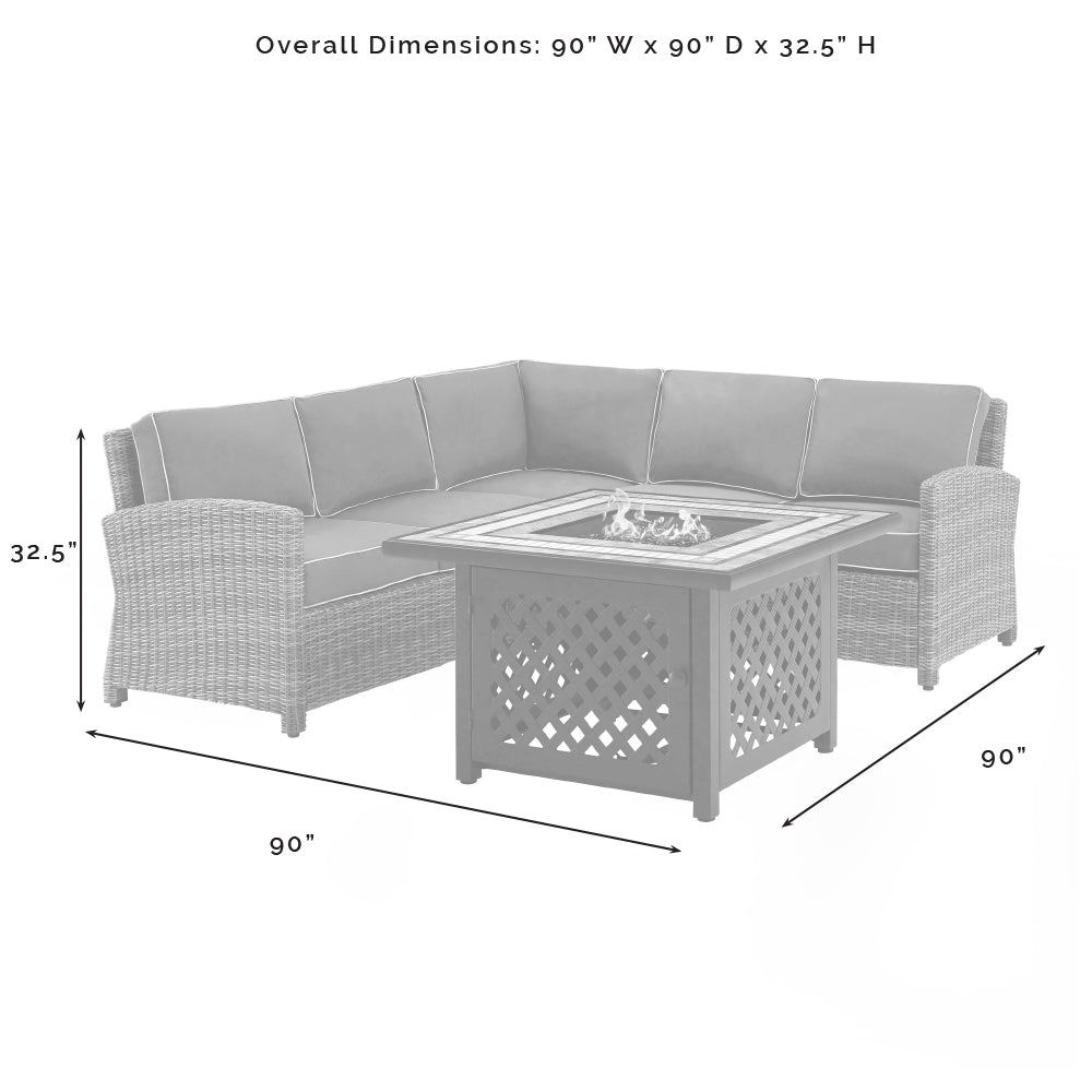 Bradenton 4Pc Outdoor Wicker Sectional Set W/Fire Table Weathered Brown/Navy - Right Corner Loveseat, Left Corner Loveseat, Corner Chair, & Tucson Fire Table