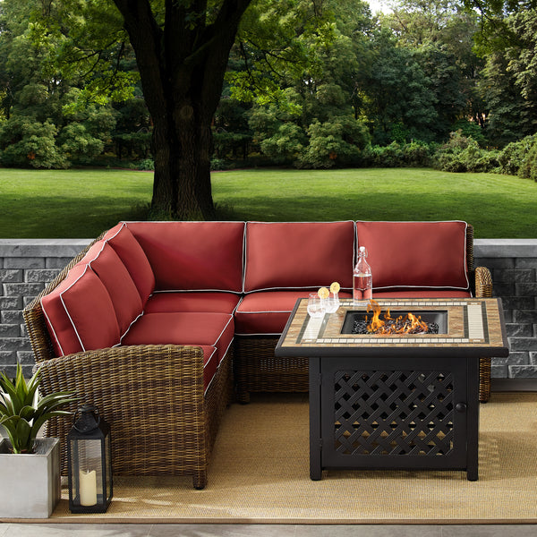 Bradenton 4Pc Outdoor Wicker Sectional Set W/Fire Table Weathered Brown/Sangria - Right Corner Loveseat, Left Corner Loveseat, Corner Chair, & Tucson Fire Table