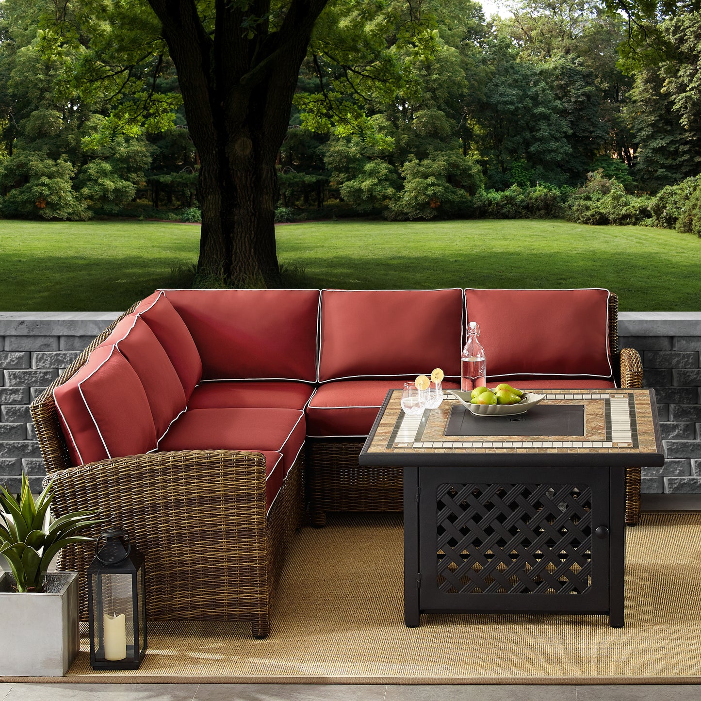 Bradenton 4Pc Outdoor Wicker Sectional Set W/Fire Table Weathered Brown/Sangria - Right Corner Loveseat, Left Corner Loveseat, Corner Chair, & Tucson Fire Table