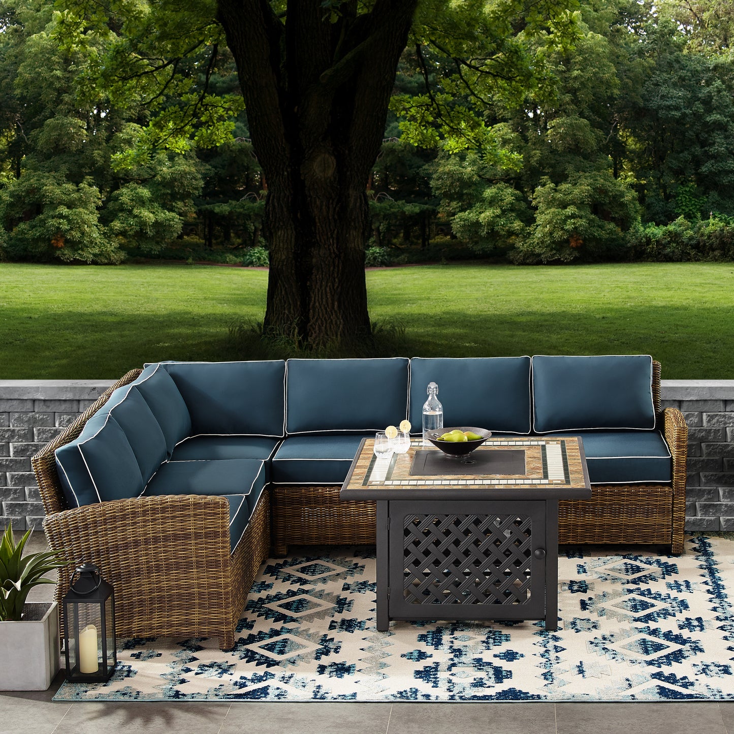 Bradenton 5Pc Outdoor Wicker Sectional Set W/Fire Table Weathered Brown/Navy - Right Corner Loveseat, Left Corner Loveseat, Corner Chair, Center Chair, & Tucson Fire Table