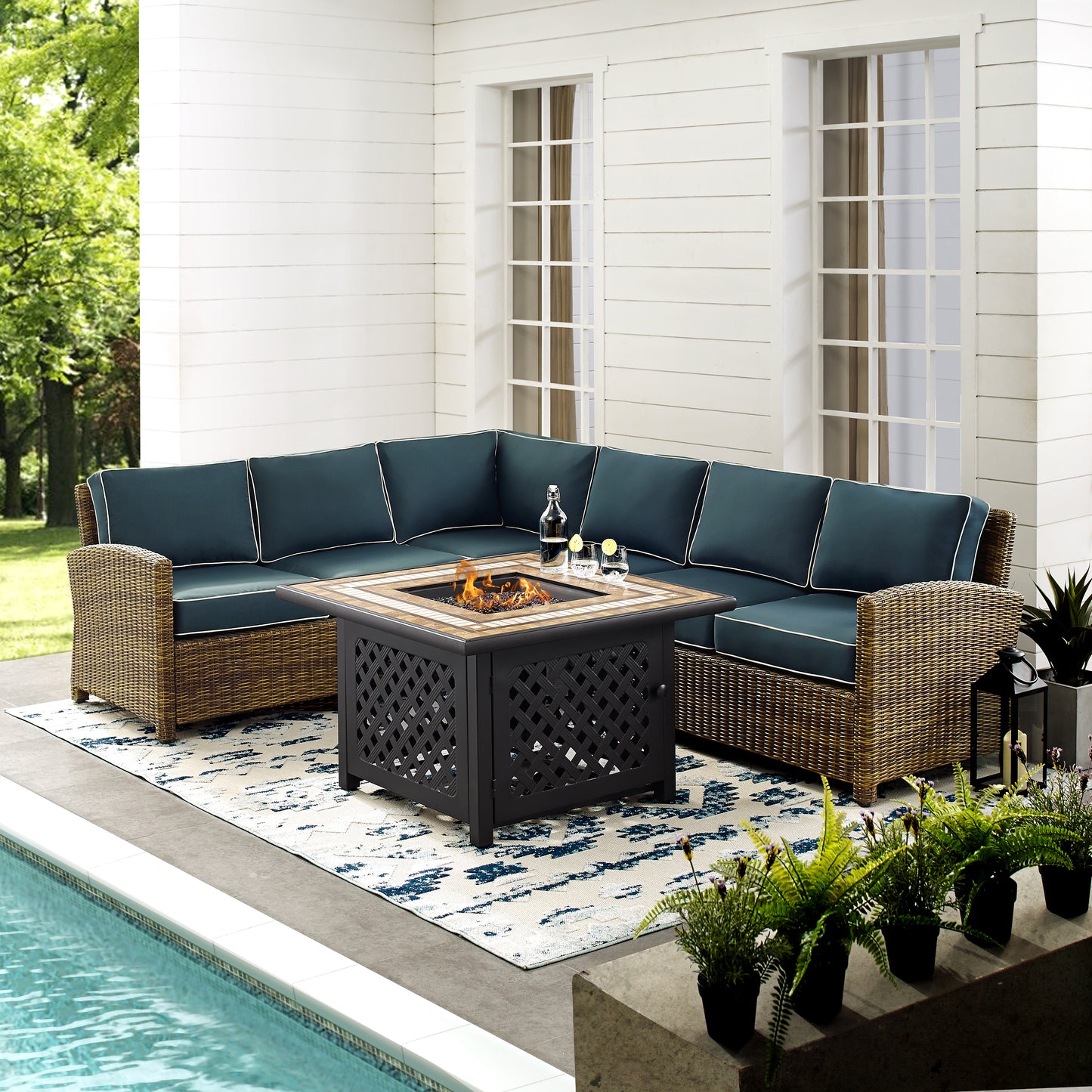 Bradenton 5Pc Outdoor Wicker Sectional Set W/Fire Table Weathered Brown/Navy - Right Corner Loveseat, Left Corner Loveseat, Corner Chair, Center Chair, & Tucson Fire Table