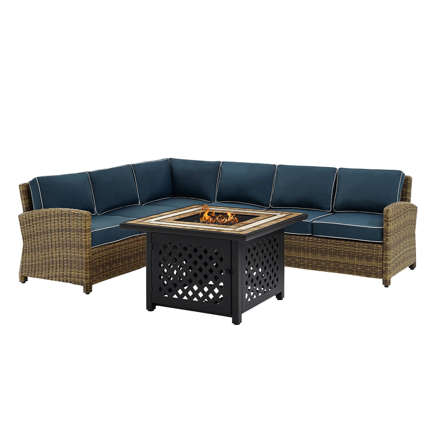 Bradenton 5Pc Outdoor Wicker Sectional Set W/Fire Table Weathered Brown/Navy - Right Corner Loveseat, Left Corner Loveseat, Corner Chair, Center Chair, & Tucson Fire Table