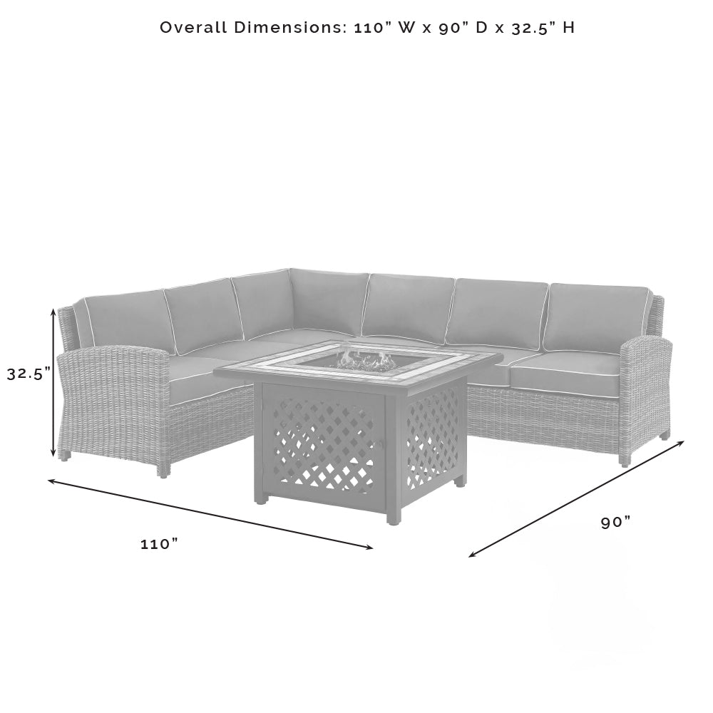 Bradenton 5Pc Outdoor Wicker Sectional Set W/Fire Table Weathered Brown/Navy - Right Corner Loveseat, Left Corner Loveseat, Corner Chair, Center Chair, & Tucson Fire Table