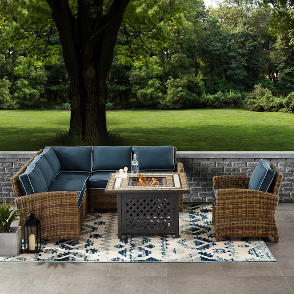 Bradenton 5Pc Outdoor Wicker Sectional Set W/Fire Table Weathered Brown/Navy - Right Corner Loveseat, Left Corner Loveseat, Corner Chair, Armchair, & Tucson Fire Table