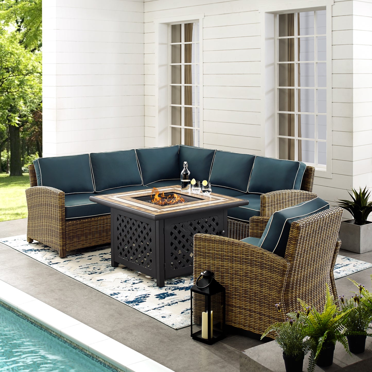 Bradenton 5Pc Outdoor Wicker Sectional Set W/Fire Table Weathered Brown/Navy - Right Corner Loveseat, Left Corner Loveseat, Corner Chair, Armchair, & Tucson Fire Table