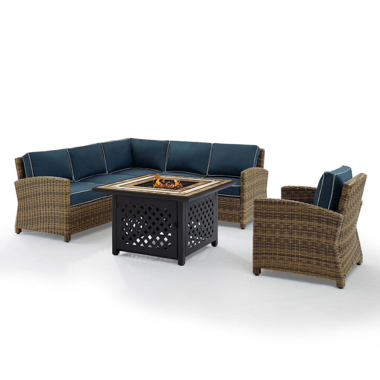 Bradenton 5Pc Outdoor Wicker Sectional Set W/Fire Table Weathered Brown/Navy - Right Corner Loveseat, Left Corner Loveseat, Corner Chair, Armchair, & Tucson Fire Table