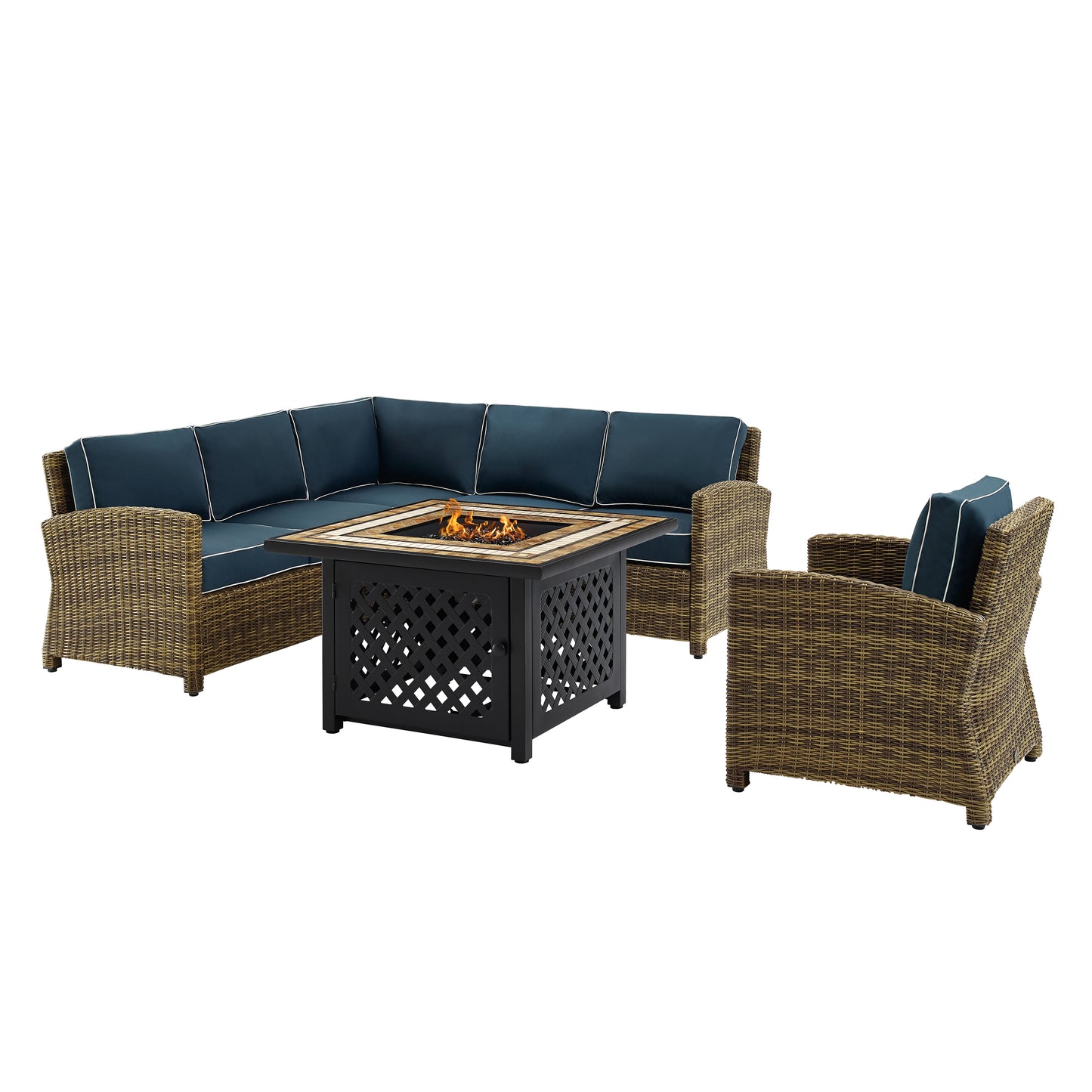 Bradenton 5Pc Outdoor Wicker Sectional Set W/Fire Table Weathered Brown/Navy - Right Corner Loveseat, Left Corner Loveseat, Corner Chair, Armchair, & Tucson Fire Table