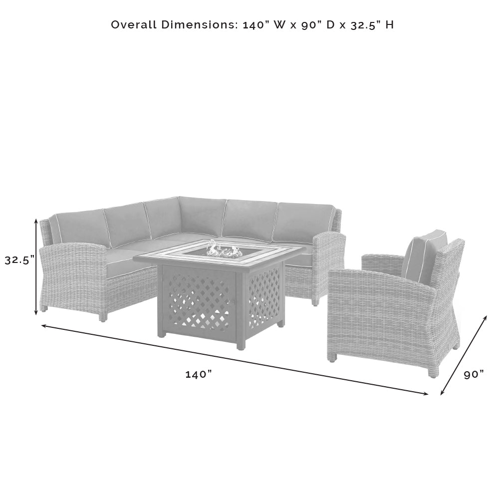 Bradenton 5Pc Outdoor Wicker Sectional Set W/Fire Table Weathered Brown/Navy - Right Corner Loveseat, Left Corner Loveseat, Corner Chair, Armchair, & Tucson Fire Table