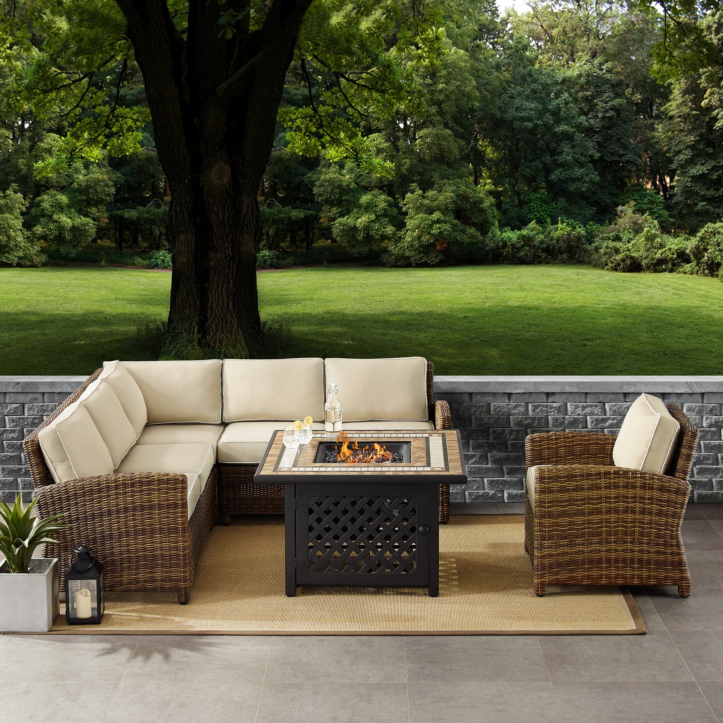 Bradenton 5Pc Outdoor Wicker Sectional Set W/Fire Table Weathered Brown/Sand - Right Corner Loveseat, Left Corner Loveseat, Corner Chair, Armchair, & Tucson Fire Table