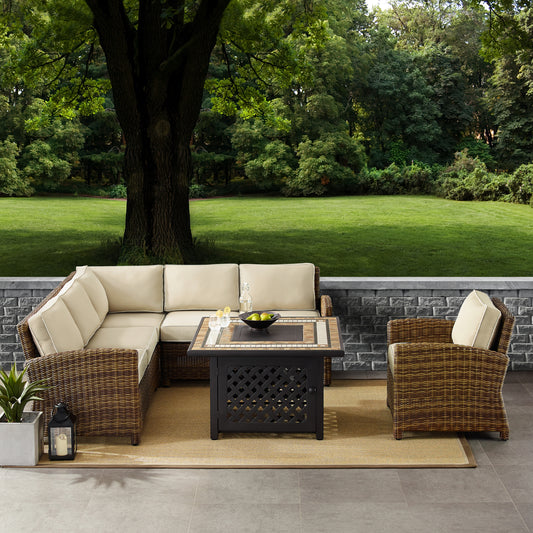 Bradenton 5Pc Outdoor Wicker Sectional Set W/Fire Table Weathered Brown/Sand - Right Corner Loveseat, Left Corner Loveseat, Corner Chair, Armchair, & Tucson Fire Table