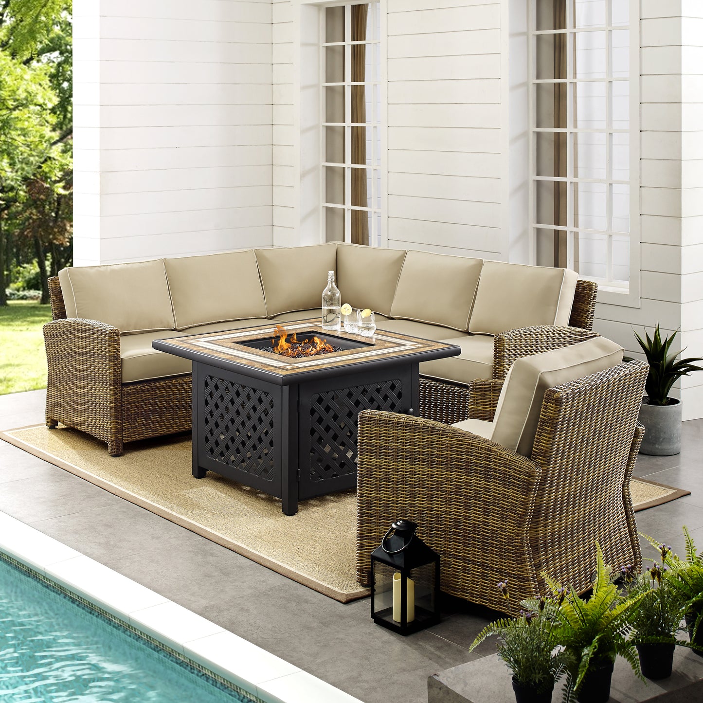 Bradenton 5Pc Outdoor Wicker Sectional Set W/Fire Table Weathered Brown/Sand - Right Corner Loveseat, Left Corner Loveseat, Corner Chair, Armchair, & Tucson Fire Table