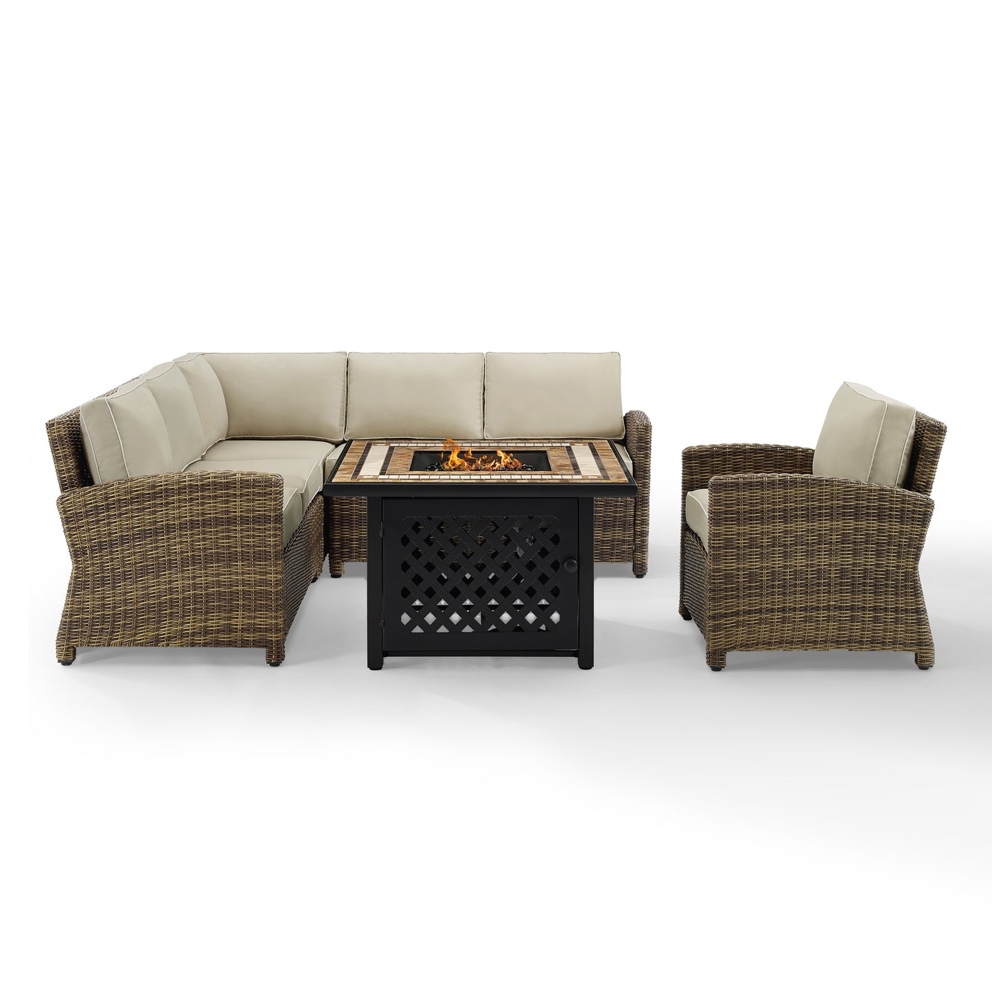 Bradenton 5Pc Outdoor Wicker Sectional Set W/Fire Table Weathered Brown/Sand - Right Corner Loveseat, Left Corner Loveseat, Corner Chair, Armchair, & Tucson Fire Table