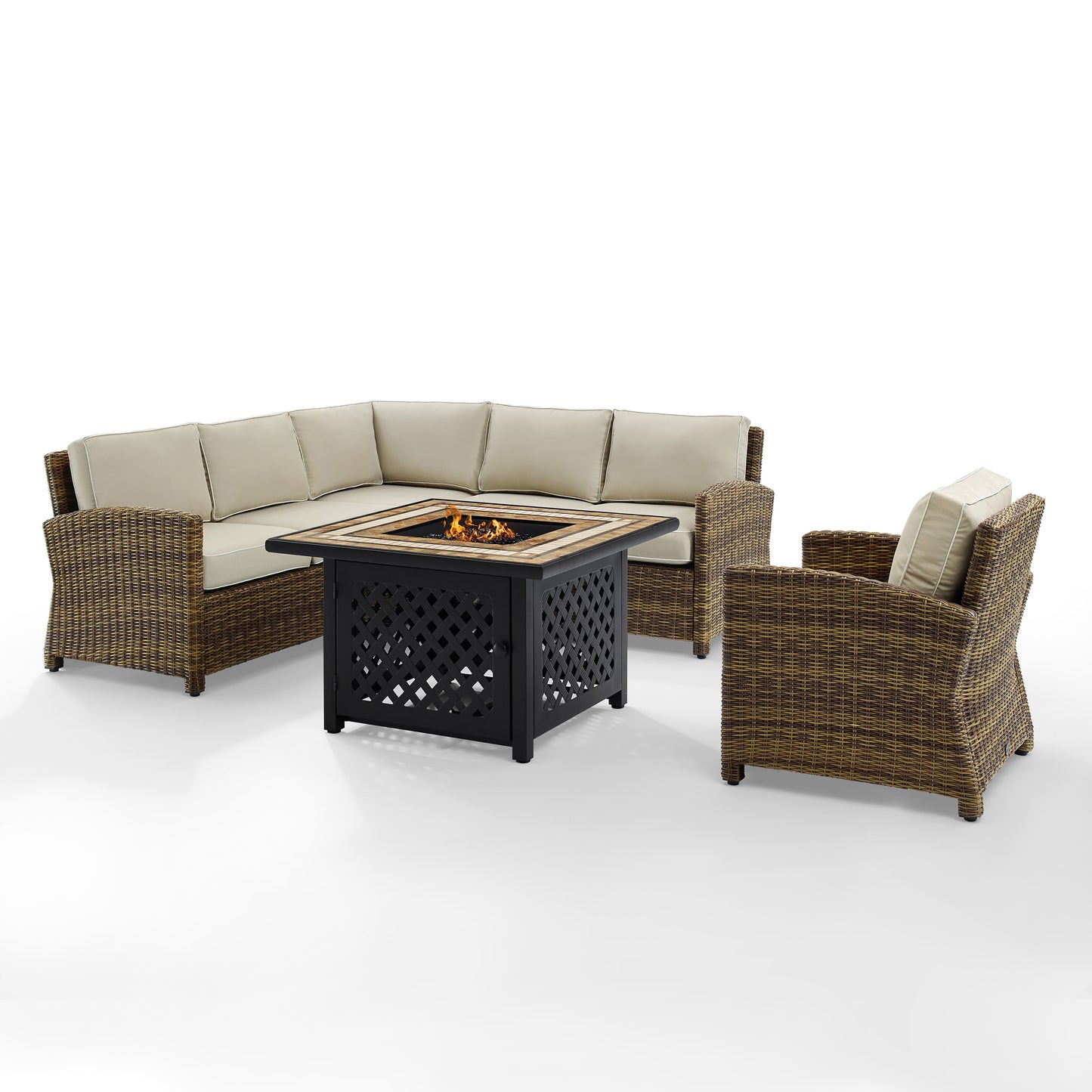 Bradenton 5Pc Outdoor Wicker Sectional Set W/Fire Table Weathered Brown/Sand - Right Corner Loveseat, Left Corner Loveseat, Corner Chair, Armchair, & Tucson Fire Table