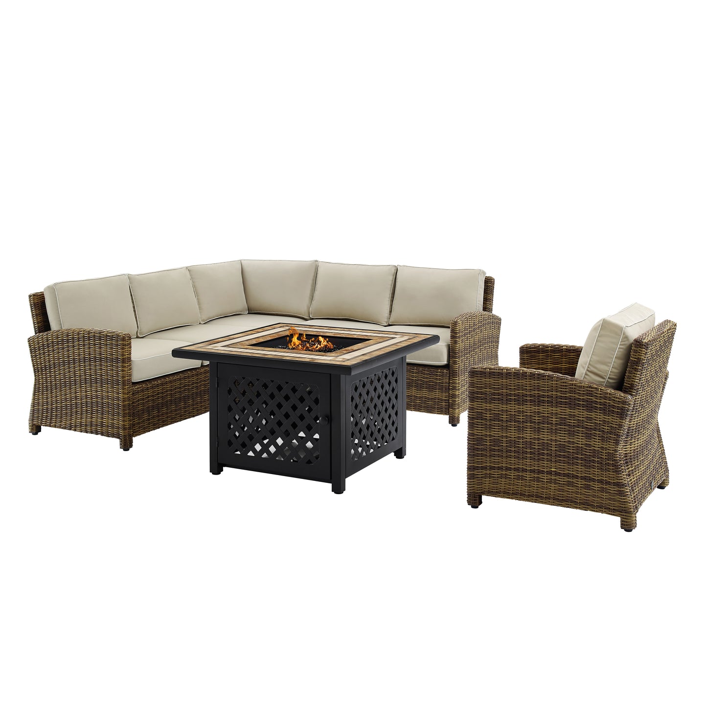 Bradenton 5Pc Outdoor Wicker Sectional Set W/Fire Table Weathered Brown/Sand - Right Corner Loveseat, Left Corner Loveseat, Corner Chair, Armchair, & Tucson Fire Table