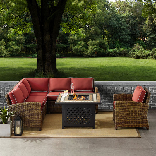 Bradenton 5Pc Outdoor Wicker Sectional Set W/Fire Table Weathered Brown/Sangria - Right Corner Loveseat, Left Corner Loveseat, Corner Chair, Armchair, & Tucson Fire Table