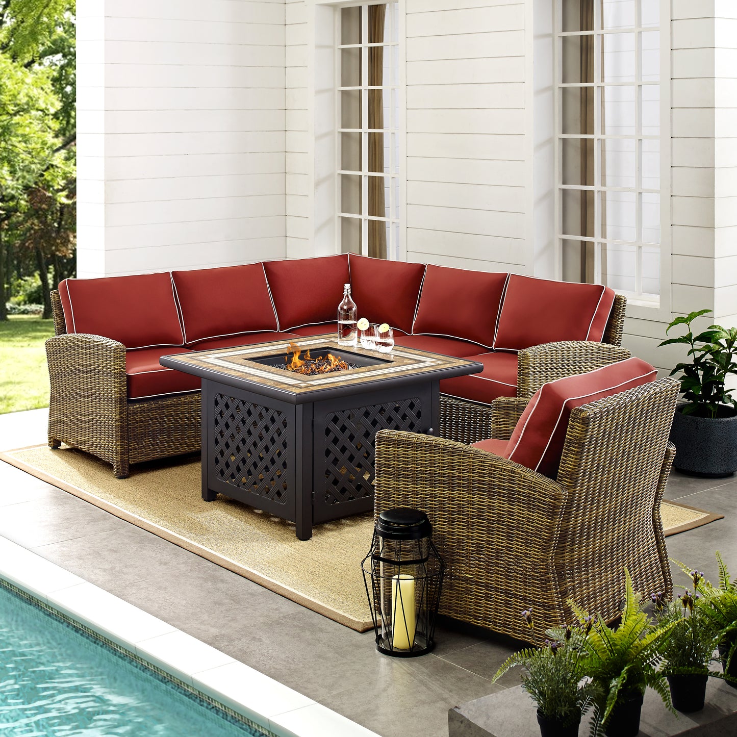 Bradenton 5Pc Outdoor Wicker Sectional Set W/Fire Table Weathered Brown/Sangria - Right Corner Loveseat, Left Corner Loveseat, Corner Chair, Armchair, & Tucson Fire Table