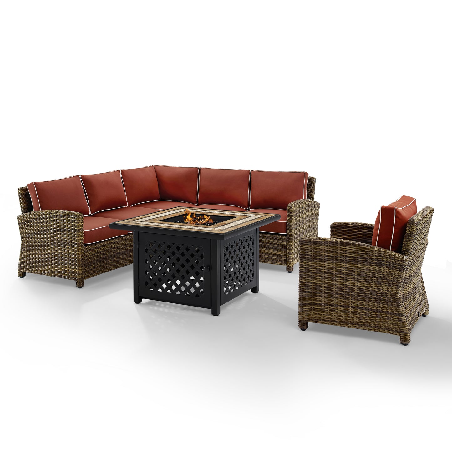 Bradenton 5Pc Outdoor Wicker Sectional Set W/Fire Table Weathered Brown/Sangria - Right Corner Loveseat, Left Corner Loveseat, Corner Chair, Armchair, & Tucson Fire Table