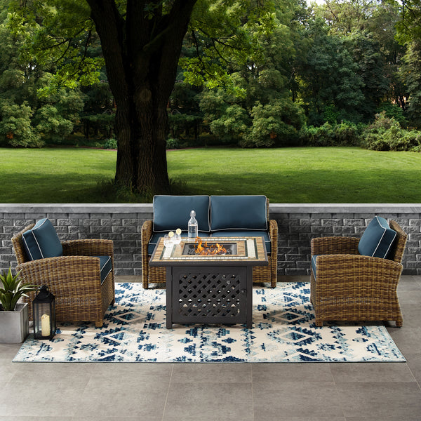 Bradenton 4Pc Outdoor Wicker Conversation Set W/Fire Table Weathered Brown/Navy - Loveseat, Tucson Fire Table, & 2 Arm Chairs