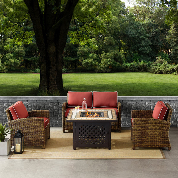 Bradenton 4Pc Outdoor Wicker Conversation Set W/Fire Table Weathered Brown/Sangria - Loveseat, Tucson Fire Table, & 2 Arm Chairs