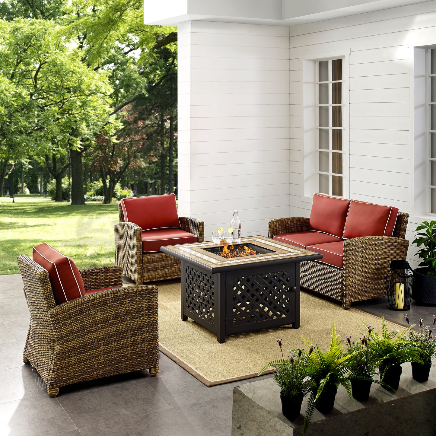 Bradenton 4Pc Outdoor Wicker Conversation Set W/Fire Table Weathered Brown/Sangria - Loveseat, Tucson Fire Table, & 2 Arm Chairs