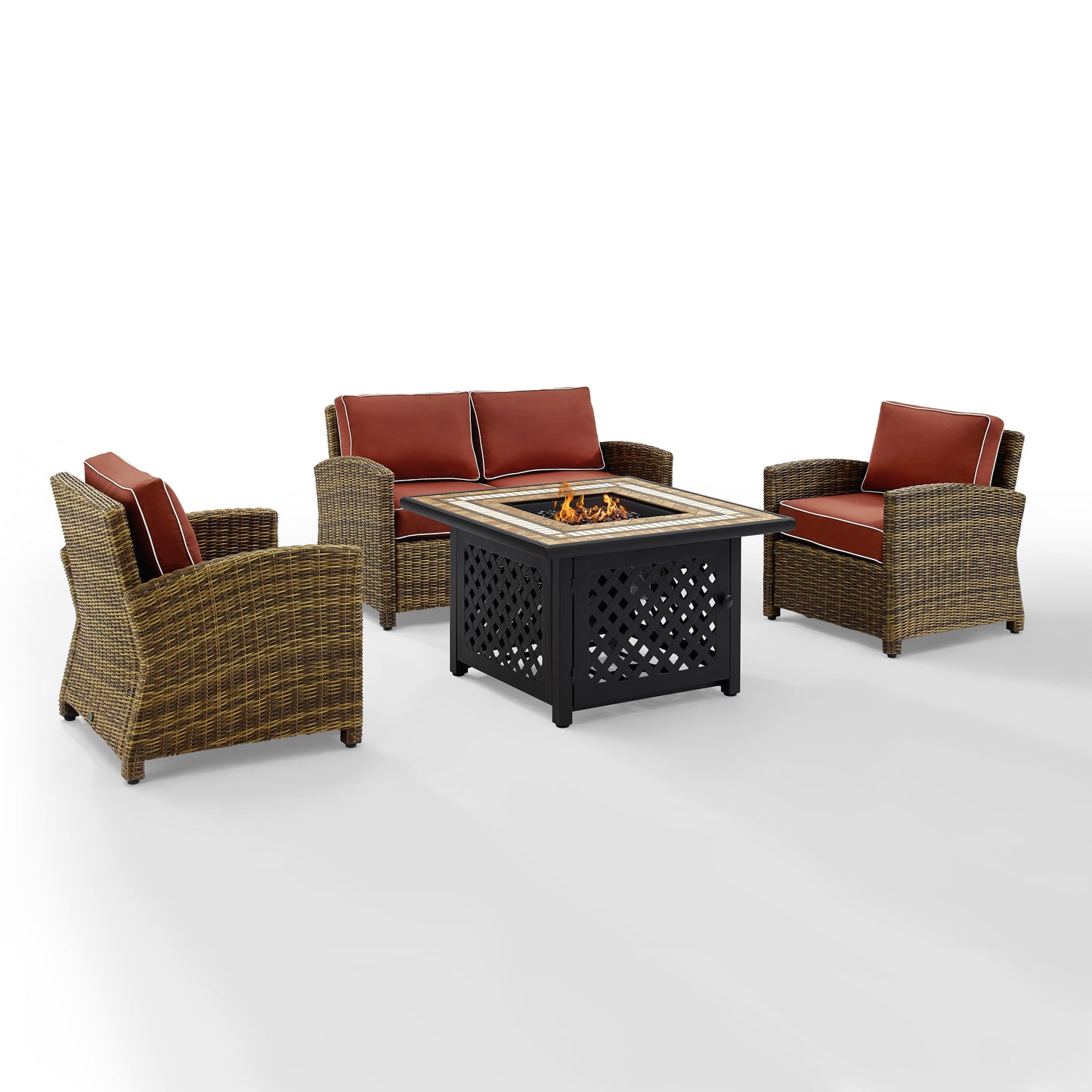 Bradenton 4Pc Outdoor Wicker Conversation Set W/Fire Table Weathered Brown/Sangria - Loveseat, Tucson Fire Table, & 2 Arm Chairs