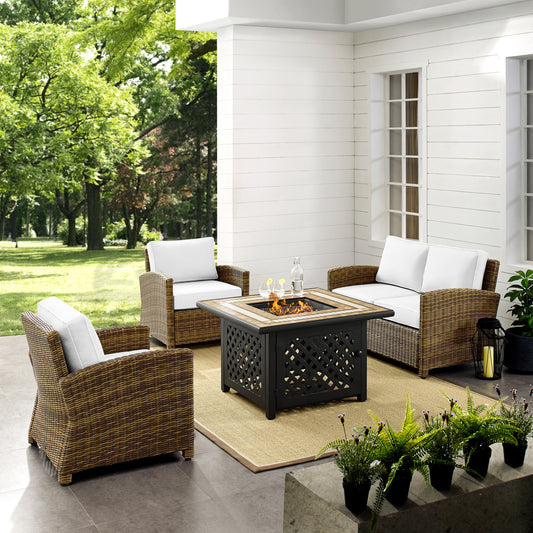 Bradenton 4Pc Outdoor Convo Set W/Fire Table - Sunbrella White/Weathered Brown - Loveseat, Tucson Fire Table, & 2 Arm Chairs