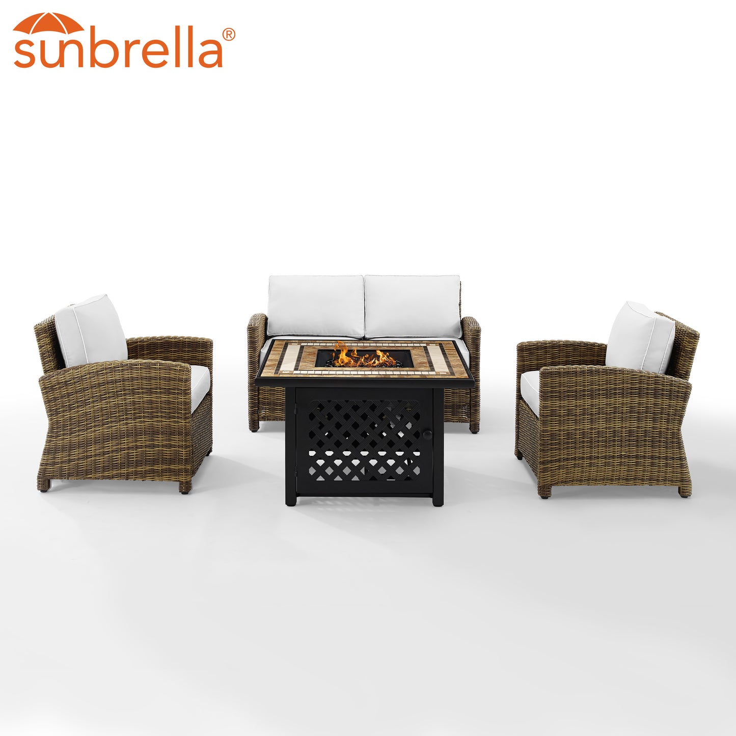 Bradenton 4Pc Outdoor Convo Set W/Fire Table - Sunbrella White/Weathered Brown - Loveseat, Tucson Fire Table, & 2 Arm Chairs