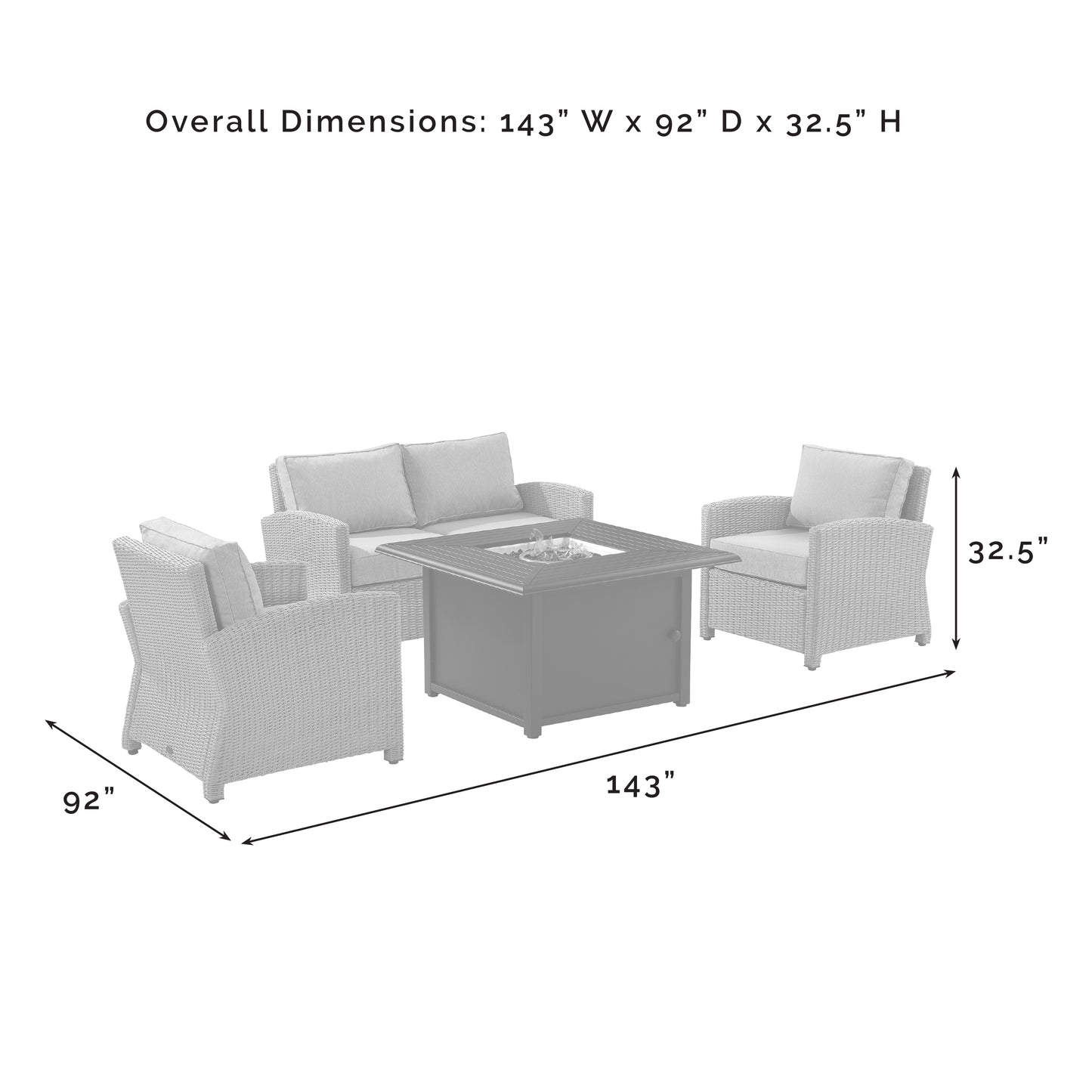 Bradenton 4Pc Outdoor Convo Set W/Fire Table - Sunbrella White/Weathered Brown - Loveseat, Tucson Fire Table, & 2 Arm Chairs