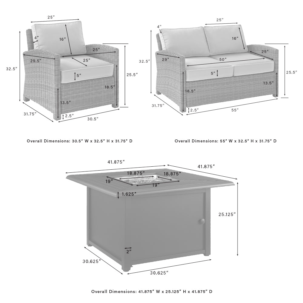 Bradenton 4Pc Outdoor Convo Set W/Fire Table - Sunbrella White/Weathered Brown - Loveseat, Tucson Fire Table, & 2 Arm Chairs