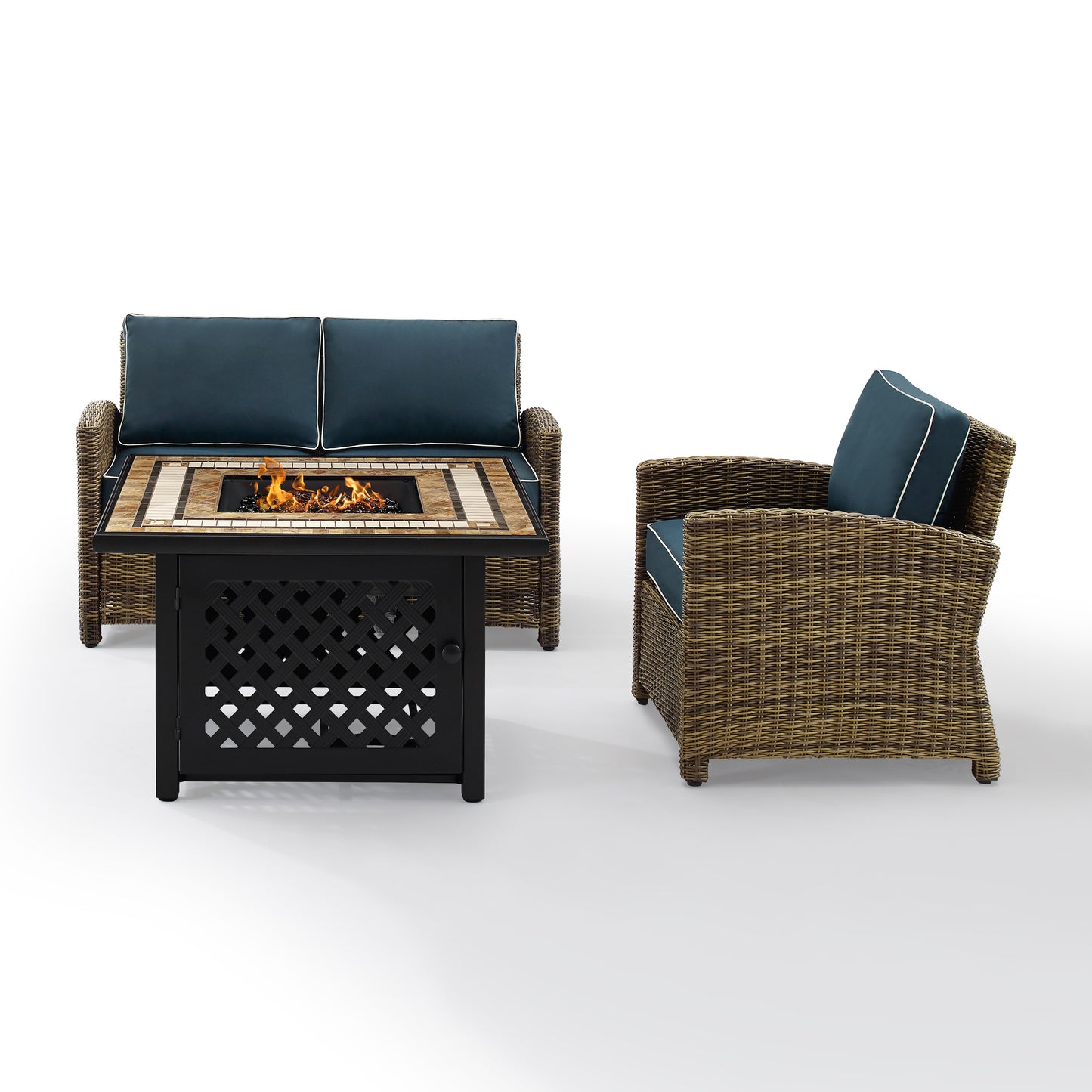 Bradenton 3Pc Outdoor Wicker Conversation Set W/Fire Table Weathered Brown/Navy - Loveseat, Armchair, & Tucson Fire Table