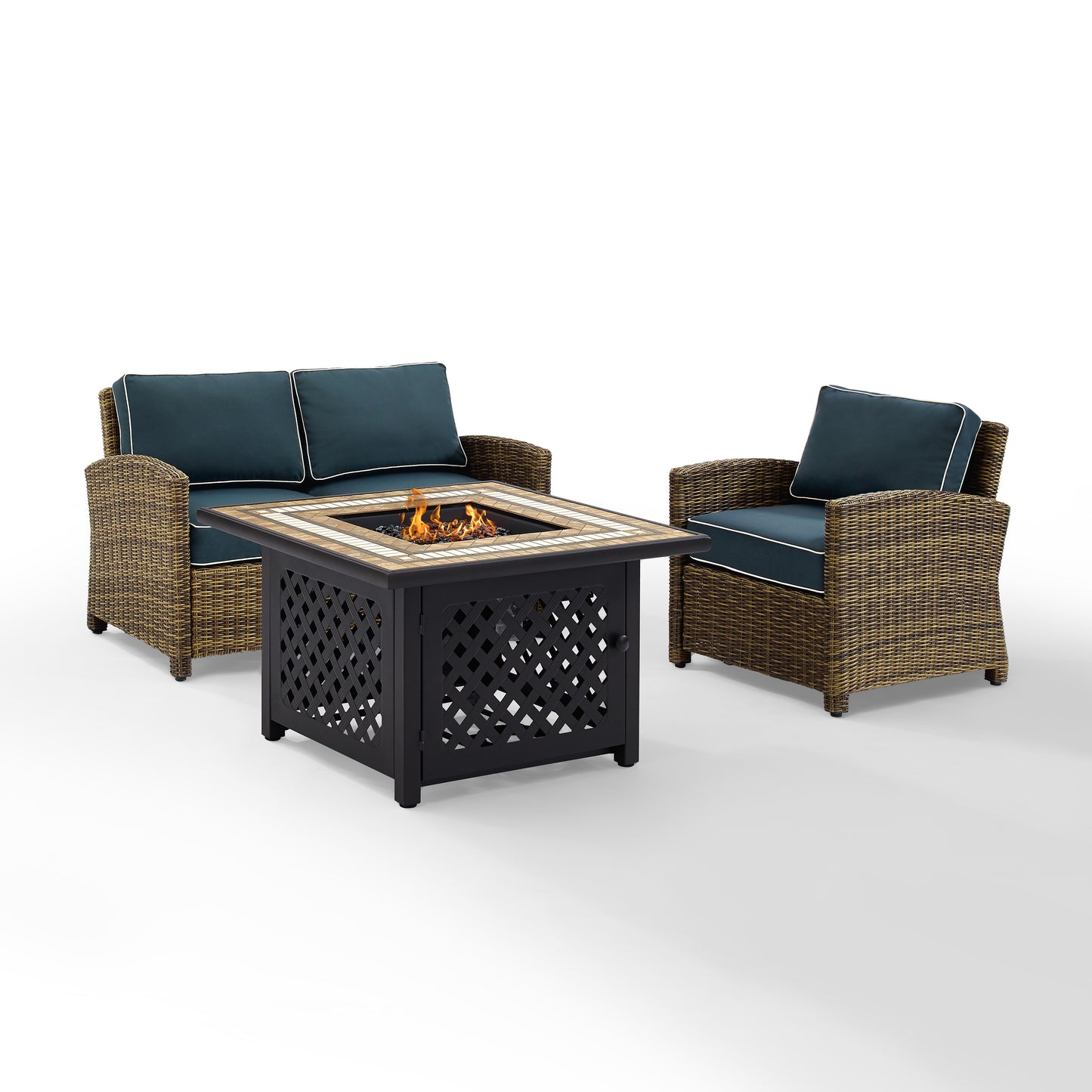 Bradenton 3Pc Outdoor Wicker Conversation Set W/Fire Table Weathered Brown/Navy - Loveseat, Armchair, & Tucson Fire Table