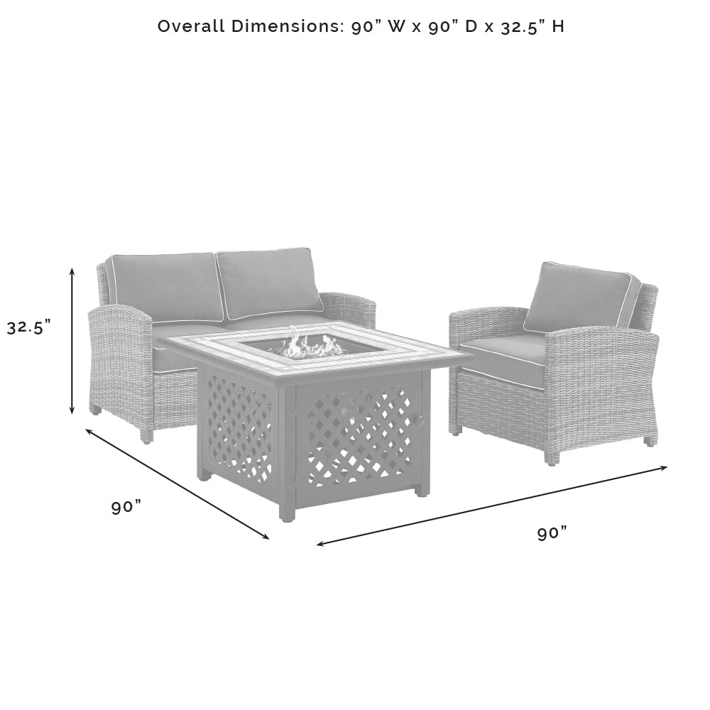 Bradenton 3Pc Outdoor Wicker Conversation Set W/Fire Table Weathered Brown/Navy - Loveseat, Armchair, & Tucson Fire Table