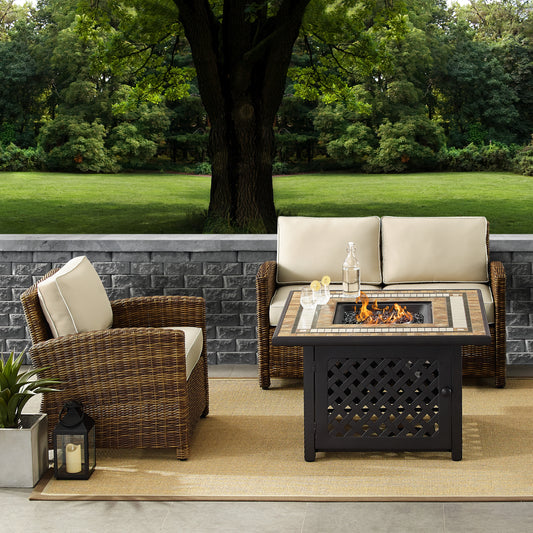 Bradenton 3Pc Outdoor Wicker Conversation Set W/Fire Table Weathered Brown/Sand - Loveseat, Armchair, & Tucson Fire Table