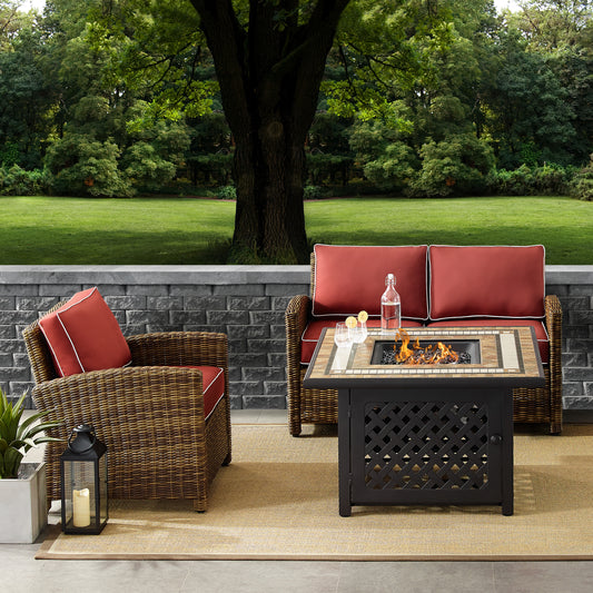 Bradenton 3Pc Outdoor Wicker Conversation Set W/Fire Table Weathered Brown/Sangria - Loveseat, Armchair, & Tucson Fire Table