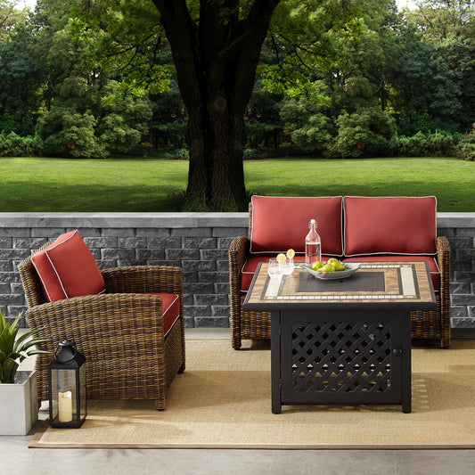 Bradenton 3Pc Outdoor Wicker Conversation Set W/Fire Table Weathered Brown/Sangria - Loveseat, Armchair, & Tucson Fire Table