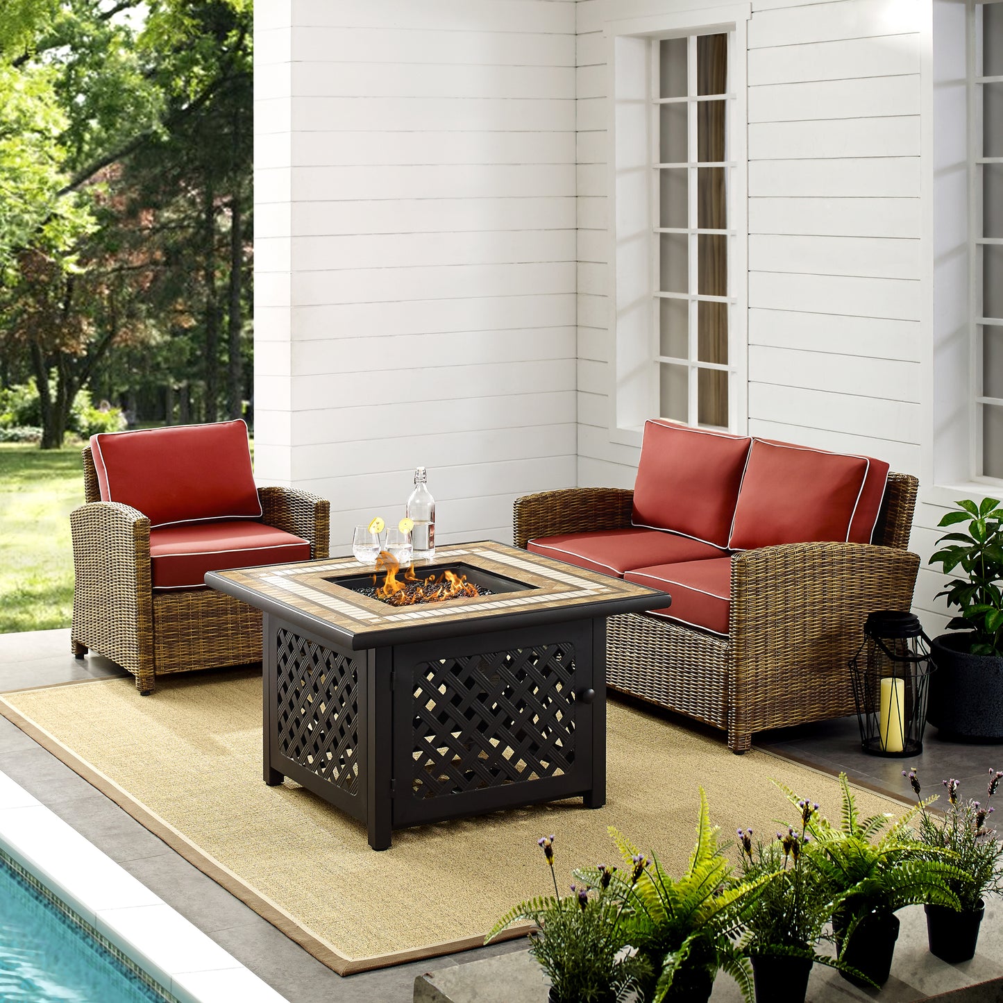 Bradenton 3Pc Outdoor Wicker Conversation Set W/Fire Table Weathered Brown/Sangria - Loveseat, Armchair, & Tucson Fire Table