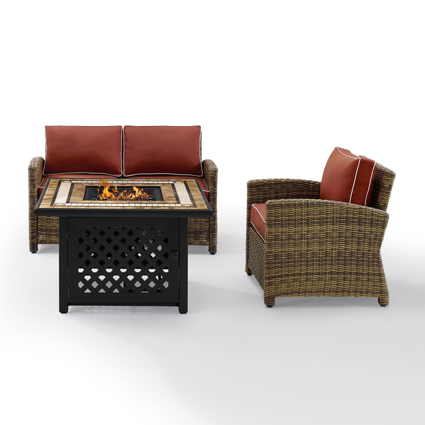 Bradenton 3Pc Outdoor Wicker Conversation Set W/Fire Table Weathered Brown/Sangria - Loveseat, Armchair, & Tucson Fire Table