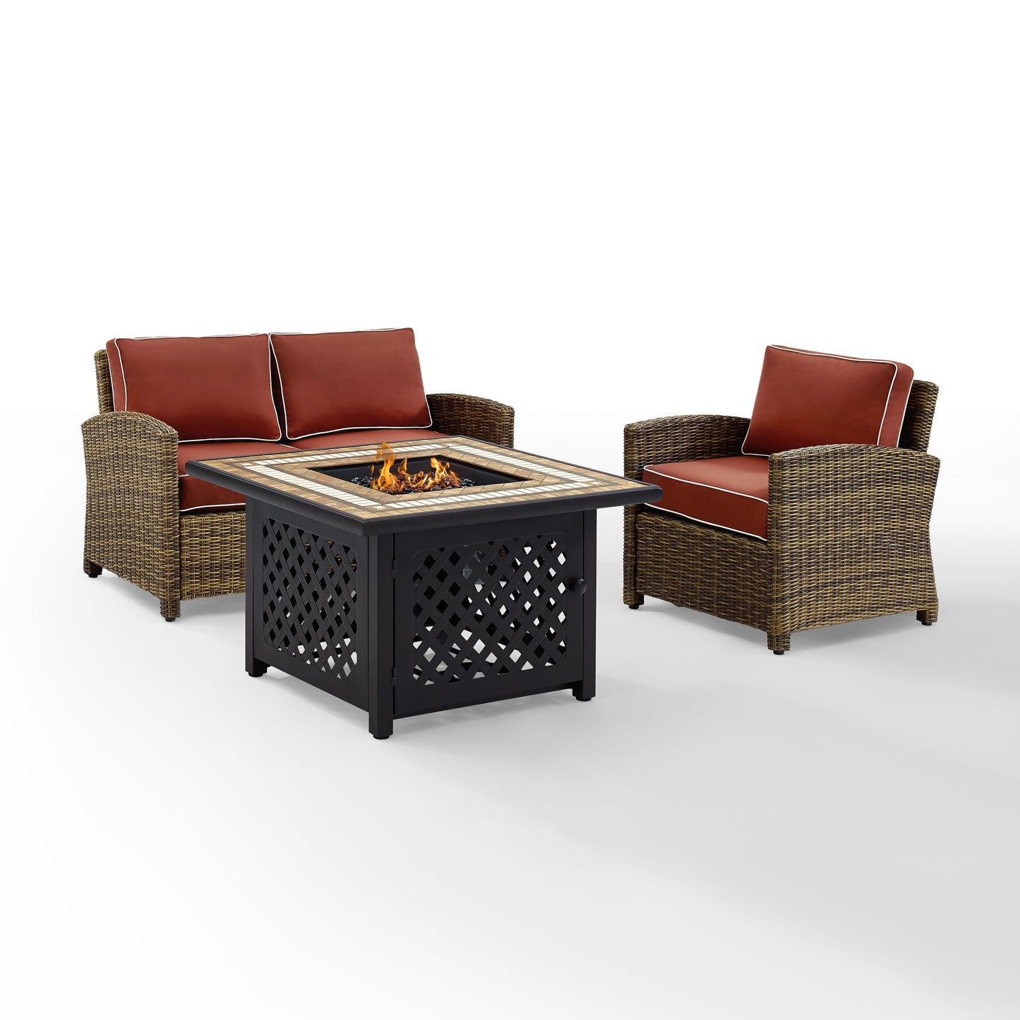 Bradenton 3Pc Outdoor Wicker Conversation Set W/Fire Table Weathered Brown/Sangria - Loveseat, Armchair, & Tucson Fire Table