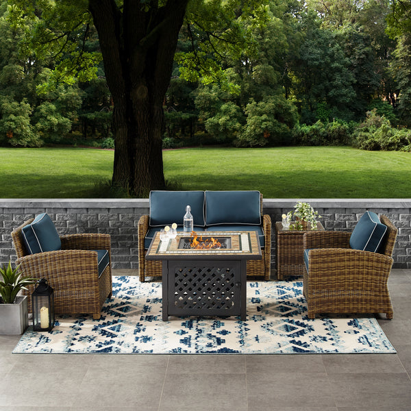 Bradenton 5Pc Outdoor Wicker Conversation Set W/Fire Table Weathered Brown/Navy - Loveseat, Side Table, Tucson Fire Table, & 2 Armchairs