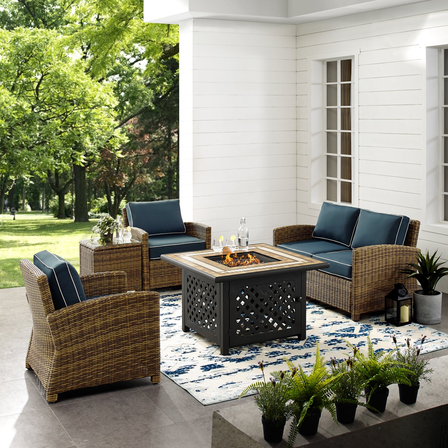 Bradenton 5Pc Outdoor Wicker Conversation Set W/Fire Table Weathered Brown/Navy - Loveseat, Side Table, Tucson Fire Table, & 2 Armchairs