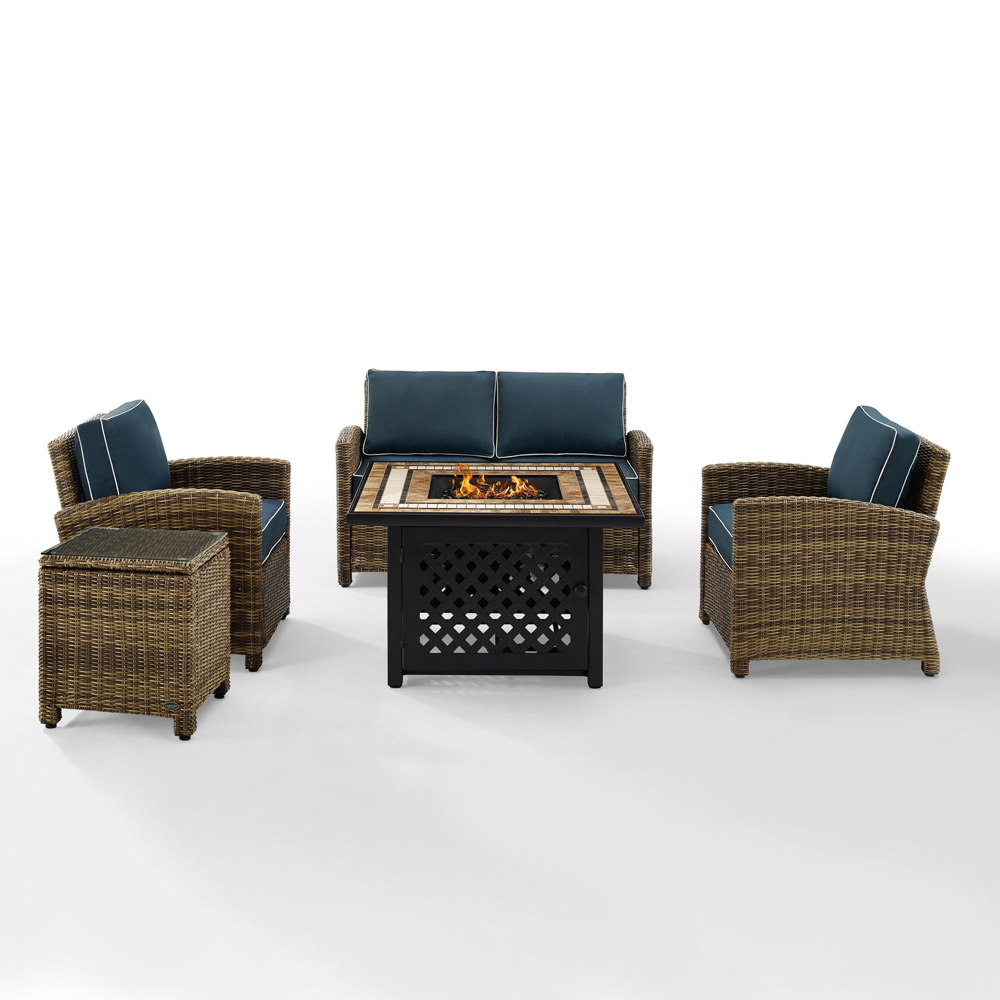 Bradenton 5Pc Outdoor Wicker Conversation Set W/Fire Table Weathered Brown/Navy - Loveseat, Side Table, Tucson Fire Table, & 2 Armchairs