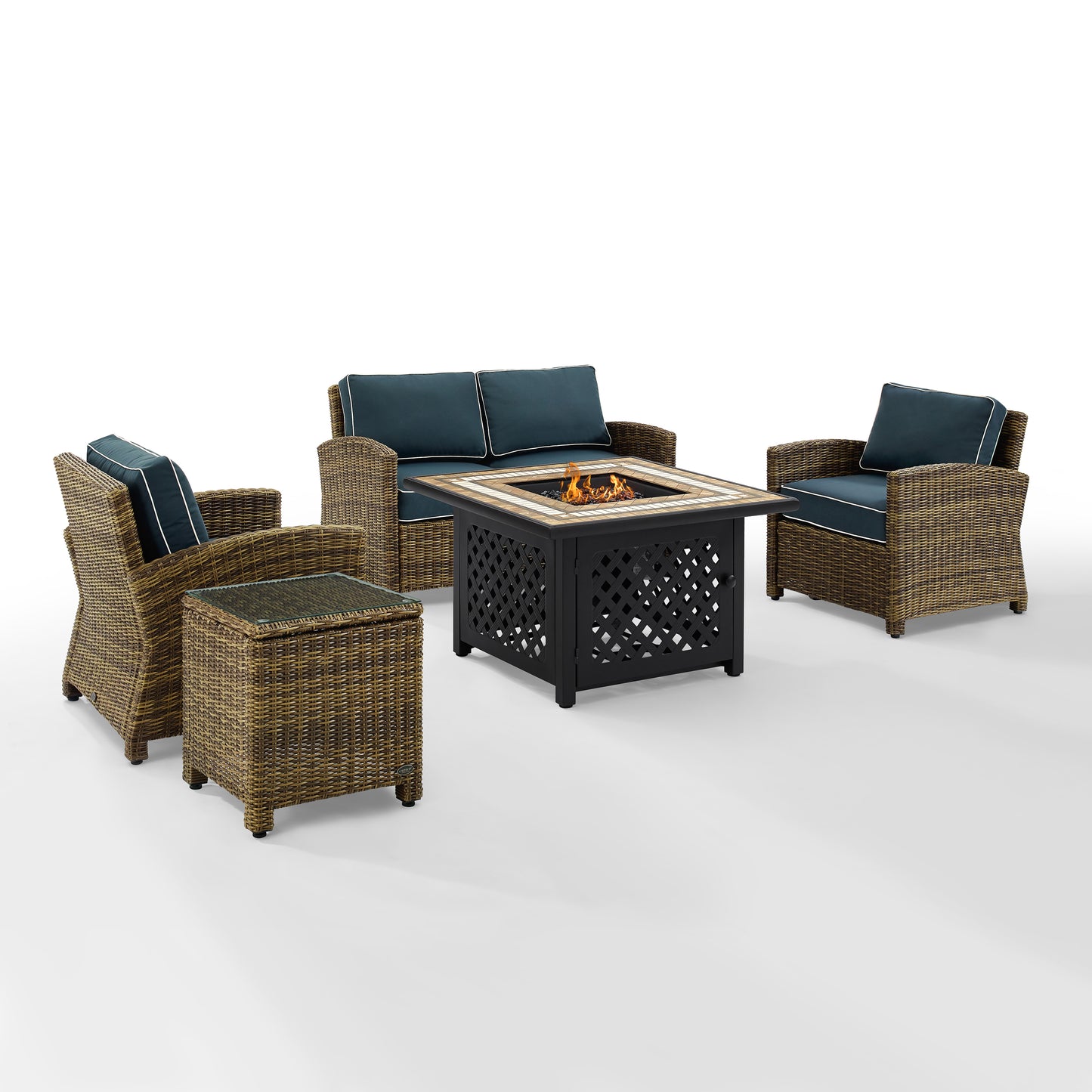 Bradenton 5Pc Outdoor Wicker Conversation Set W/Fire Table Weathered Brown/Navy - Loveseat, Side Table, Tucson Fire Table, & 2 Armchairs