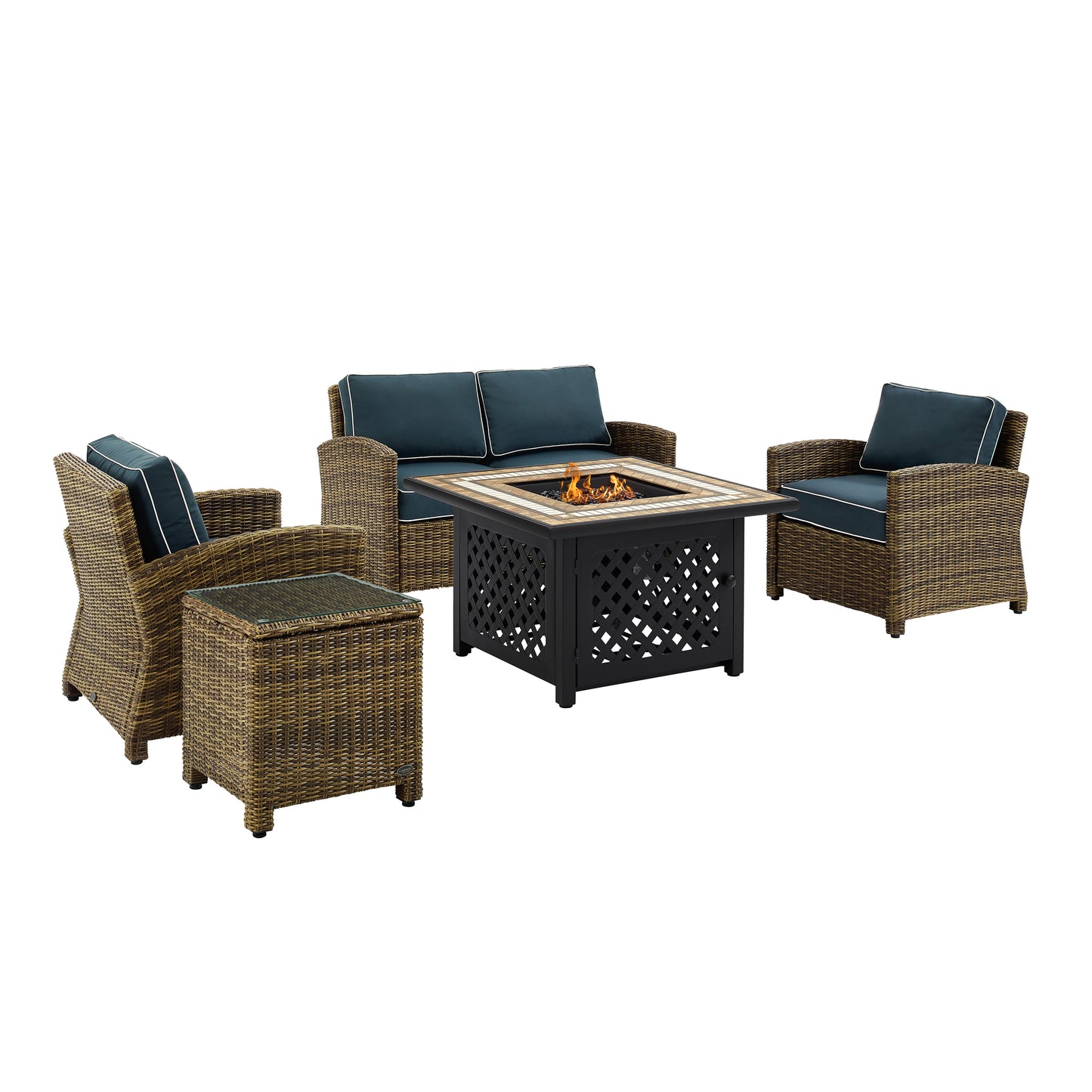 Bradenton 5Pc Outdoor Wicker Conversation Set W/Fire Table Weathered Brown/Navy - Loveseat, Side Table, Tucson Fire Table, & 2 Armchairs