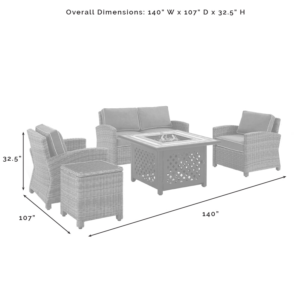 Bradenton 5Pc Outdoor Wicker Conversation Set W/Fire Table Weathered Brown/Navy - Loveseat, Side Table, Tucson Fire Table, & 2 Armchairs