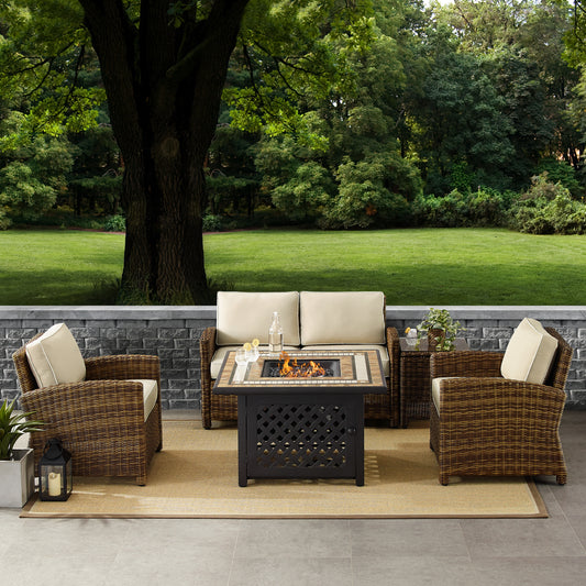 Bradenton 5Pc Outdoor Wicker Conversation Set W/Fire Table Weathered Brown/Sand - Loveseat, Side Table, Tucson Fire Table, & 2 Armchairs