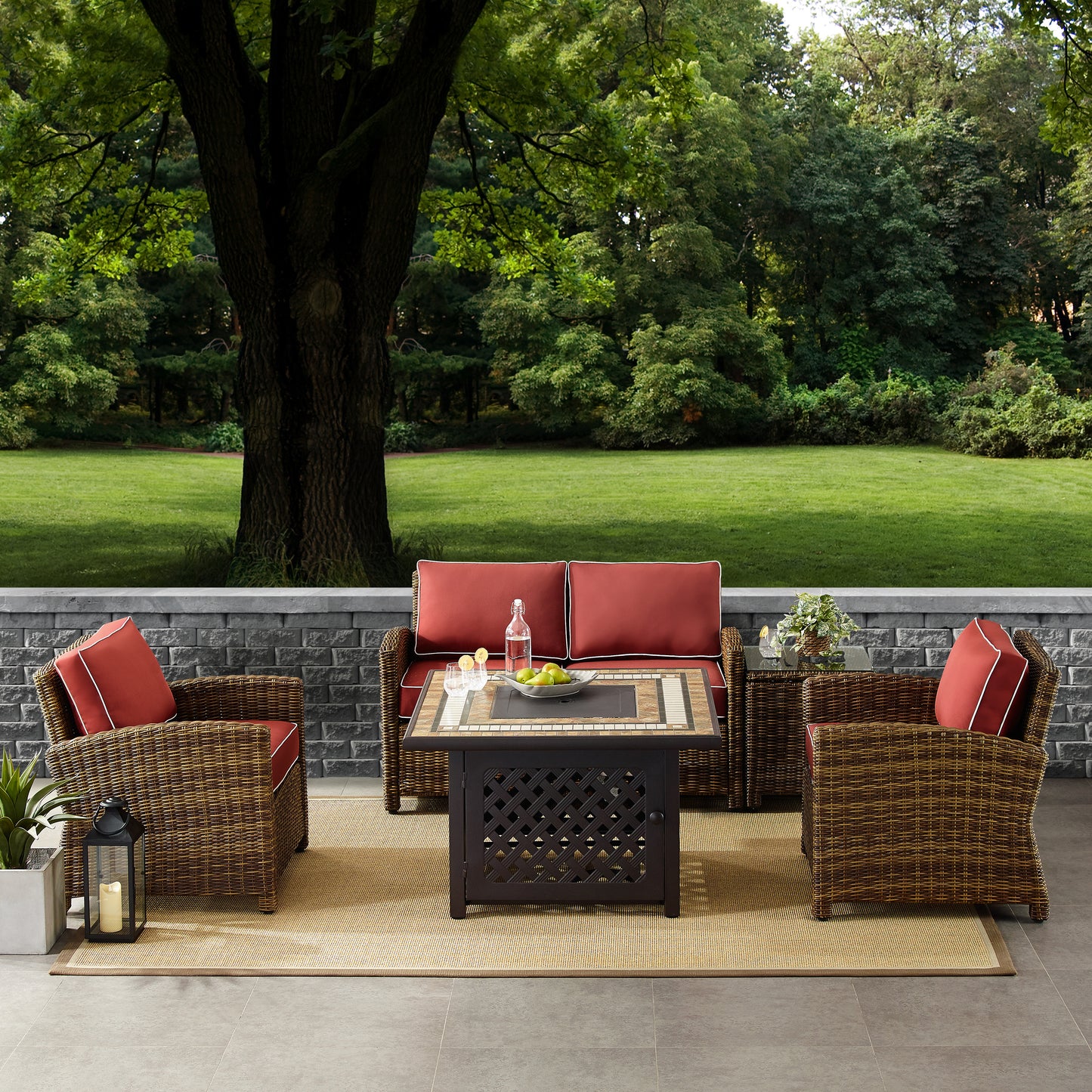 Bradenton 5Pc Outdoor Wicker Conversation Set W/Fire Table Weathered Brown/Sangria - Loveseat, Side Table, Tucson Fire Table, & 2 Armchairs